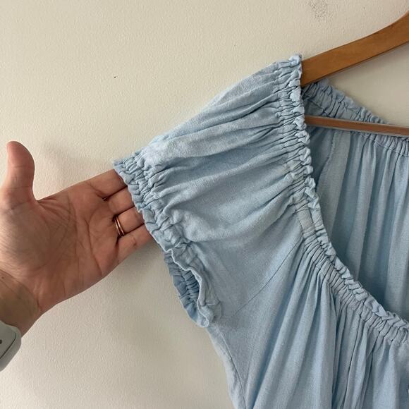 Free People Blue Perri Puff Sleeve Button Front Drop Waist Mini Dress Size Large - Picture 13 of 14